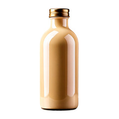 A sleek glass bottle of creamy beverage with a gold cap against a black backdrop