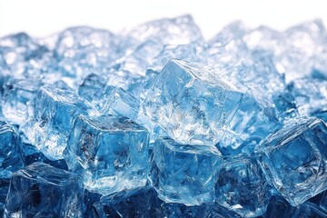 Obraz premium close-up of clear blue ice cubes piled together, sparkling and glistening with a crisp cold and refreshing mood