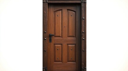 Obraz premium closed sturdy wooden paneled door with iron lever handle, metal studs and carved frame against white wall conveying a warm rustic and secure feeling