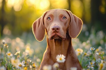 brown dog sitting in a meadow of white daisies at golden hour, backlit by warm sunlight, calm and attentive expression
