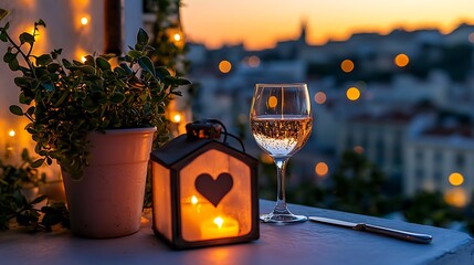 Fototapeta premium Romantic Evening Balcony Scene with Wine Glass, Candle Lantern, Plant, and Bokeh City Skyline at Sunset