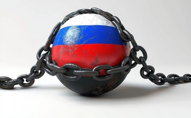 worn metal sphere painted with white, blue and red horizontal stripes wrapped in a heavy rusted chain on a white background, evoking tension, constraint and burden