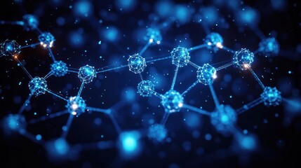 glowing blue interconnected nodes and lines forming a molecular network with floating light particles on a dark background, evoking a futuristic, mysterious sense of connectivity