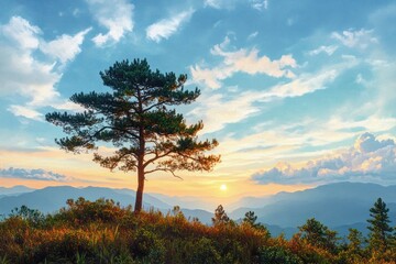 Obraz premium Solitary pine on a grassy ridge with golden sun over layered blue mountains and soft cloud-filled sky, evoking peaceful, awe-filled solitude