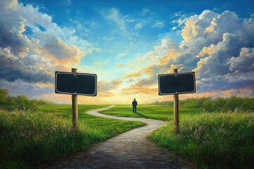 Solitary figure standing at a fork in a winding path through a grassy meadow flanked by two blank wooden signposts beneath a dramatic sunset sky, evoking contemplation and choice