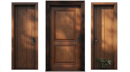 three closed wooden doors side by side with a central paneled door and carved frame flanked by two narrow vertical plank doors, warm sunlight and a small sprout, rustic and inviting