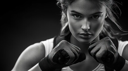 Determined female athlete in sleeveless top with gloved fists raised in fighting stance, focused and powerful, ready to train or spar