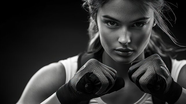 Determined female athlete in sleeveless top with gloved fists raised in fighting stance, focused and powerful, ready to train or spar - Powered by Adobe
