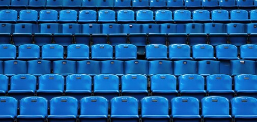 Obraz premium rows of empty bright blue stadium seats in repeating pattern with numbered plastic chairs conveying quiet emptiness and anticipation