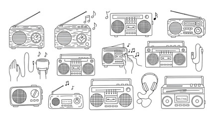 Collection of retro boomboxes and audio equipment in a doodle art style, showcasing vintage music players and accessories for a nostalgic feel