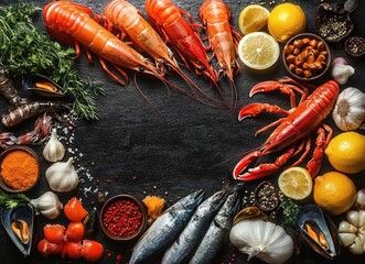 Assorted fresh and cooked seafood arranged on dark slate: bright red lobsters and prawns, whole fish, mussels, garlic, lemon wedges, spice bowls and fresh herbs, appetizing and festive