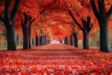 tree-lined autumn pathway with vibrant red canopy and carpet of fallen leaves, a tranquil tunnel of foliage evoking peaceful nostalgia