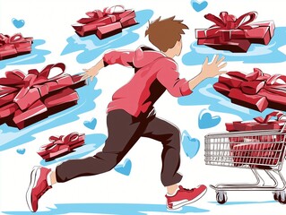 young man run with shopping cart