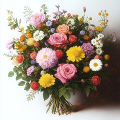 Cheerful hand-tied bouquet of pink roses, yellow and white daisies, pale pink chrysanthemum, orange spray roses and mixed wildflowers with lush green foliage, vibrant and romantic