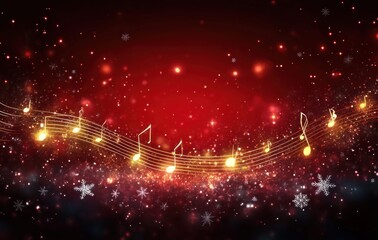 Obraz premium glowing golden musical notes on a wavy staff over a sparkling red background with snowflakes, festive joyful atmosphere