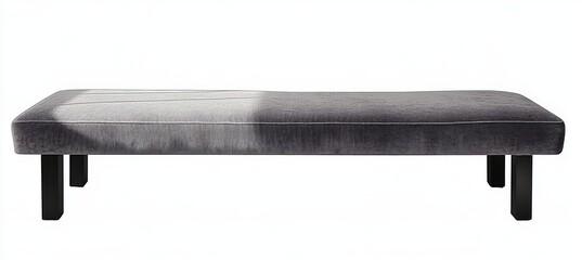 Minimal low-profile gray upholstered bench with black legs casting a soft shadow, calm elegant modern seating