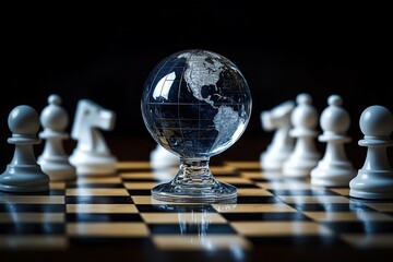 glass globe centered on a checkered chessboard surrounded by white chess pieces, reflective surface and dramatic lighting conveying tense global strategy and contemplation