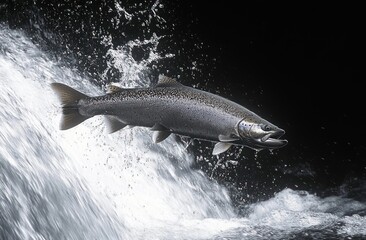 Fototapeta premium Silvery salmon leaping through rushing waterfall spray, a powerful determined leap against a dark background
