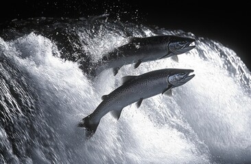 Two salmon leaping through a roaring waterfall, powerful splashes conveying determination and triumph