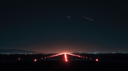 Night time airport runway with plane taking off into darkness.