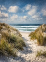 Bright Sand Foreground Meets Open Blue Sky Over a Smooth Dune Horizon by the Coast With Waves in the Distance and Tall Grass Along the Path