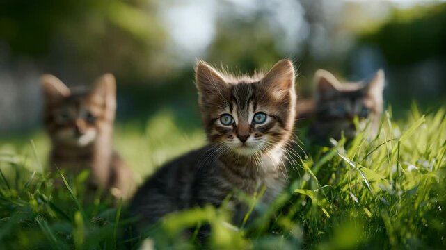 Three adorable tabby kittens playing in lush green grass in the garden