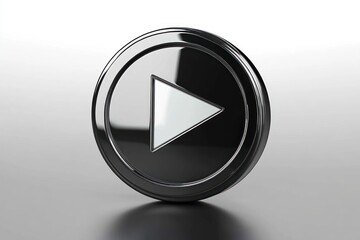 glossy black metallic circular play button with triangular media symbol and reflective surface on a minimal gradient background conveying sleek modern futuristic mood