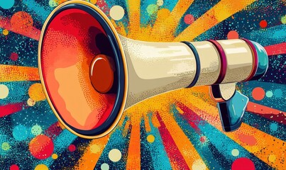 colorful megaphone bursting with vibrant pop art rays and halftone dots conveying energetic, loud, attention-grabbing announcement