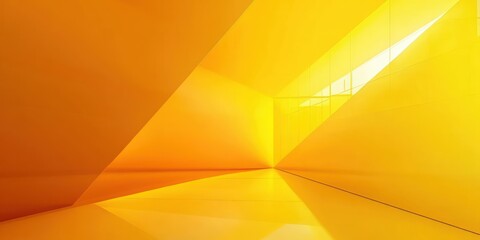 Minimal angular interior with glossy reflective floor and bright skylight in warm yellow and orange tones, evoking calm, uplifting, futuristic atmosphere
