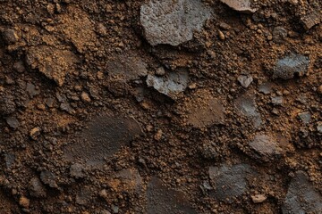 Obraz premium close-up of rough dark brown soil with scattered rocks and coarse gritty texture evoking earthy ruggedness