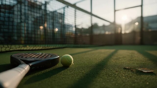 Padel tennis close-up with racket and ball on green grass court
