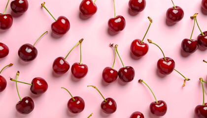 Minimal flat lay of glossy ripe cherries with stems on a pastel pink surface, creating a trendy, fresh, and eye-catching fruit pattern for creative visual use.