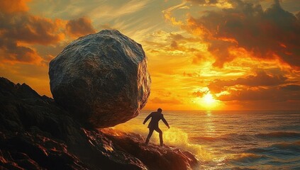Silhouette of a person pushing a massive boulder up wet rocky shoreline at sunset, waves crashing and golden sky evoking struggle, determination and perseverance