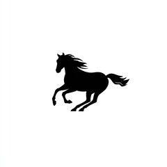 A black silhouette of a galloping horse, simplified to its most basic form, is placed on a pure white background, symbolizing speed, freedom, and movement, focusing on minimalist design.