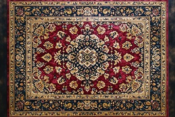 ornate rectangular oriental carpet with red central medallion and floral motifs, gold and navy decorative borders, warm luxurious cozy atmosphere