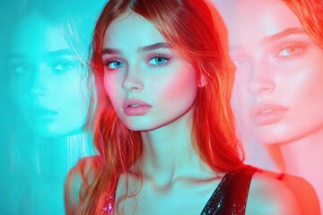 Naklejka premium Woman in sparkly black sleeveless dress with red hair under cyan and magenta neon lighting, moody stylish nightlife portrait