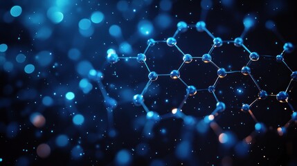 Glowing blue hexagonal molecular lattice of connected spheres and bonds with floating particles and bokeh lights, evoking a futuristic mysterious scientific wonder