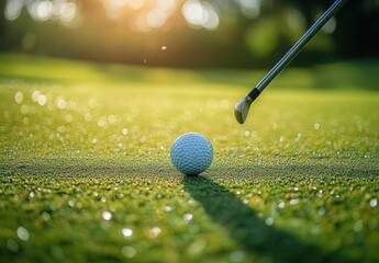 Golf ball on dewy putting green with putter poised in warm sunlight, serene moment of focus and anticipation