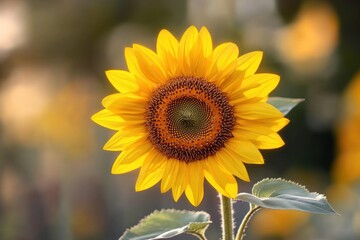 Naklejka premium single bright sunflower in golden sunlight with green leaves and soft bokeh background, cheerful summer mood