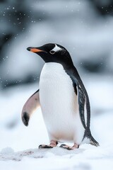Fototapeta premium Gentoo penguin standing on snowy ground with falling snowflakes, calm and dignified winter portrait