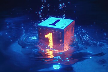 Glowing cube labeled one emerging from dark water with splashes and rising bubbles, neon blue and orange lighting creating a dramatic mysterious atmosphere