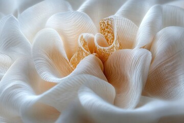 Fototapeta premium Close-up of creamy ruffled fungus with translucent layered gills and delicate petal-like folds, soft lighting conveying calm and fragile ethereal texture
