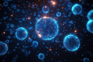 Glowing interconnected blue spheres floating in dark space with tiny orange sparks and particles, networked filaments evoking a mysterious futuristic sense of wonder