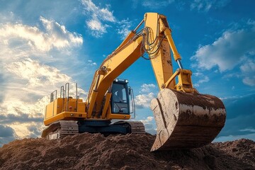 yellow tracked excavator on a large mound of earth under a dramatic blue sky with glowing clouds, heavy bucket raised conveying power and industrial determination