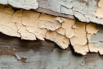 close-up of flaking beige and gray paint peeling from weathered wooden siding, cracked layered texture evoking decay and nostalgic rustic charm