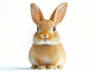 Obraz premium small fluffy brown rabbit sitting front-facing on a clean white background with upright ears, bright curious eyes and innocent expression