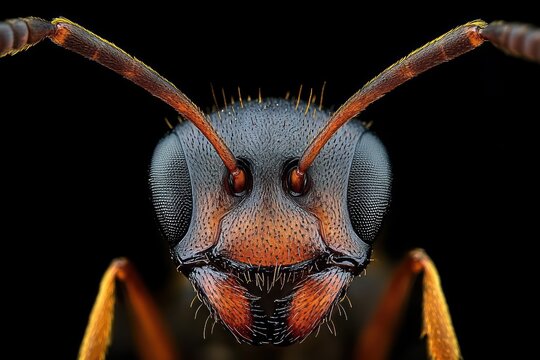 Extreme close-up of a red and black ant head with antennae, compound eyes, mandibles and tiny hairs against a black background, appearing intense and confrontational