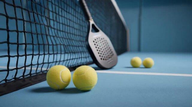 Padel Tennis Still Life: Racket, Balls, and Net on Blue Court