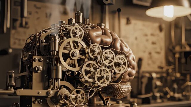 Steampunk Brain Rotating Gears in Futuristic Vintage Workshop