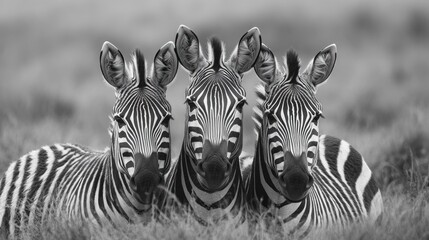 Three zebras close together in tall grass facing the camera with calm, curious expressions in a striking black and white portrait